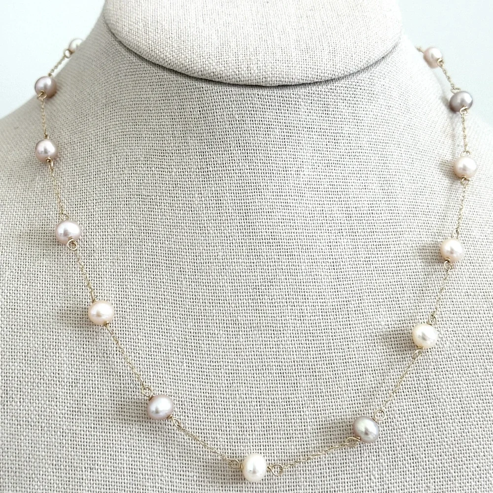 14K Yellow Gold Genuine 6.5MM Light Pink Pearls Station Chain Necklace 18